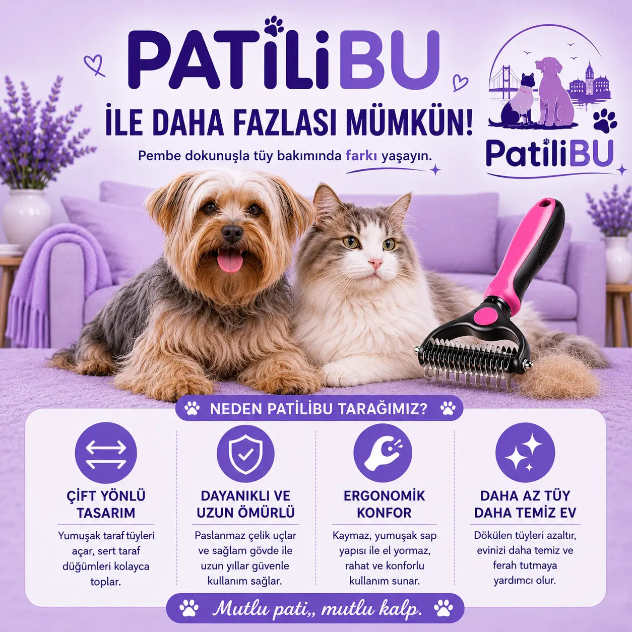 PatiliBU Çift Taraflı Tüy Toplama Tarağı✨