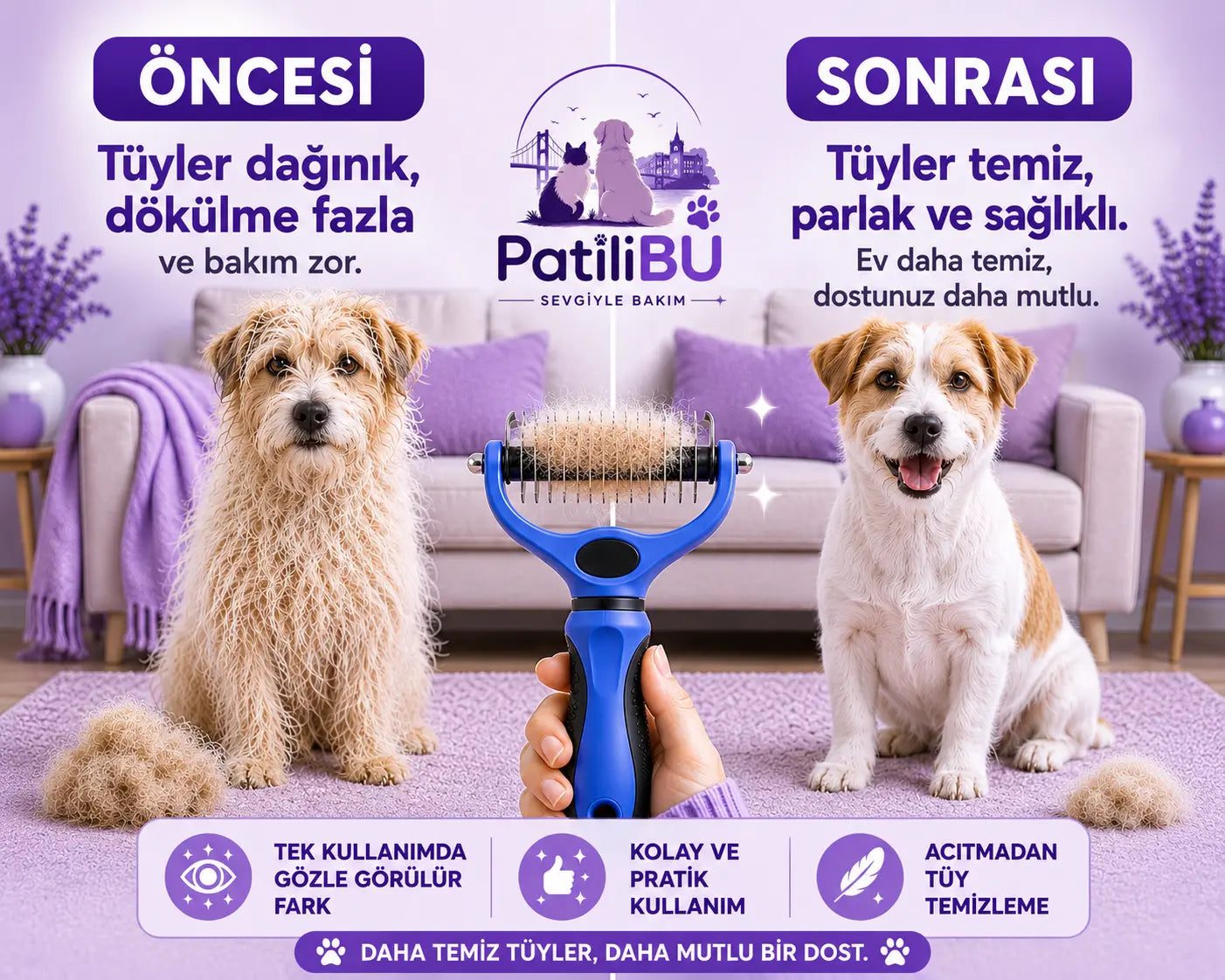 PatiliBU Çift Taraflı Tüy Toplama Tarağı✨