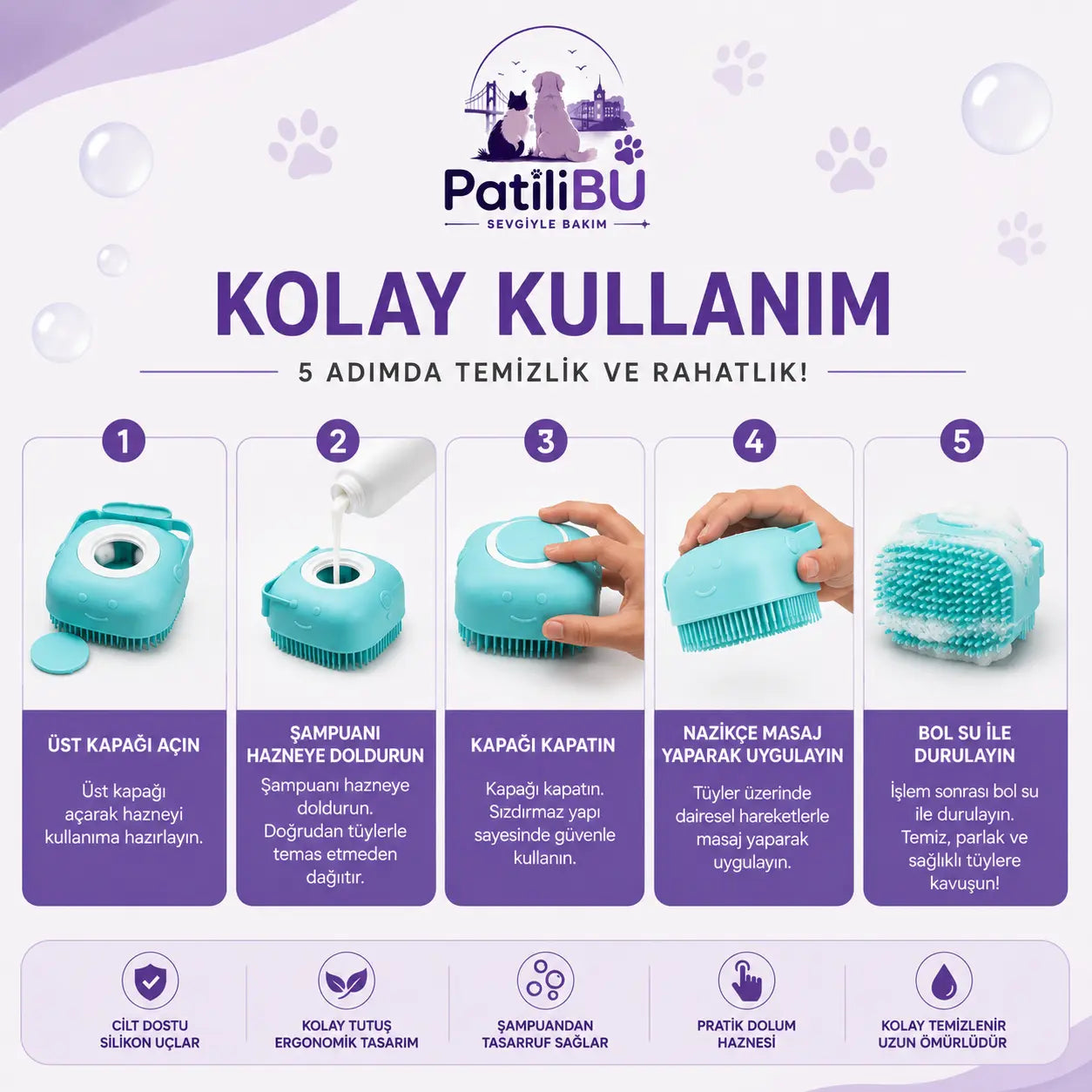 PatiliBU Şampuan Hazneli Kedi Köpek Yıkama Banyo Fırçası