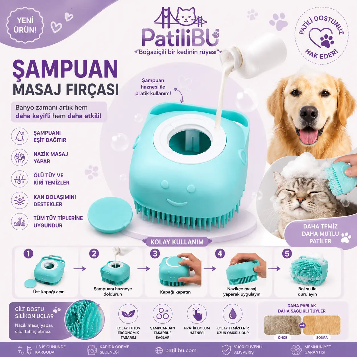 PatiliBU Şampuan Hazneli Kedi Köpek Yıkama Banyo Fırçası