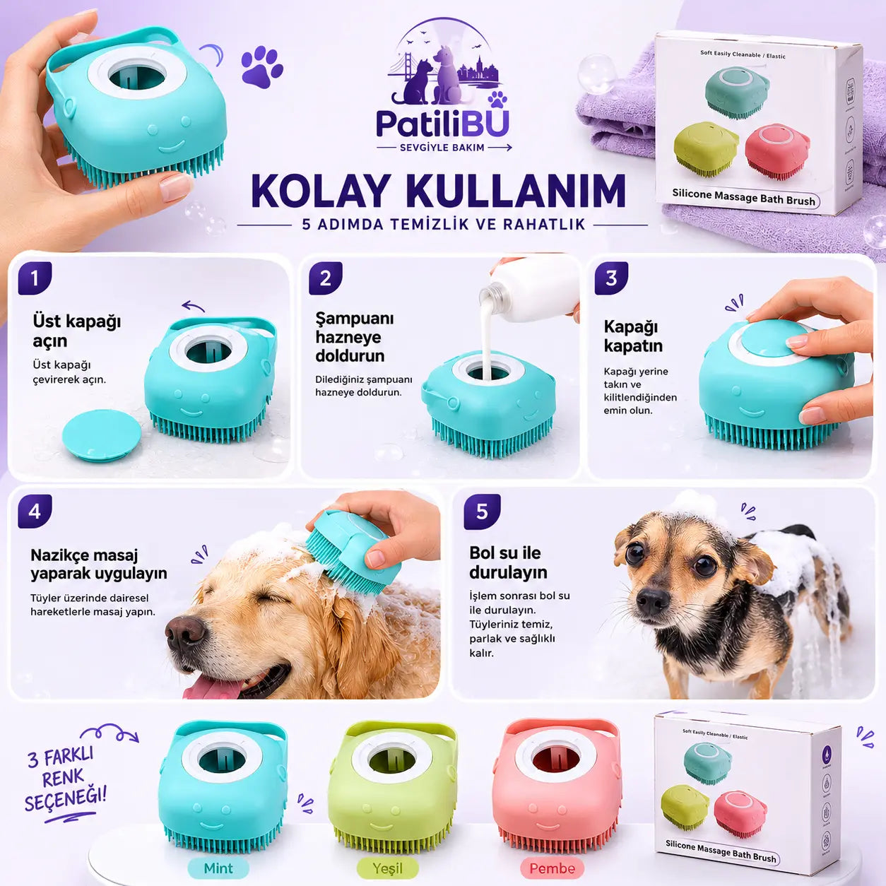 PatiliBU Şampuan Hazneli Kedi Köpek Yıkama Banyo Fırçası