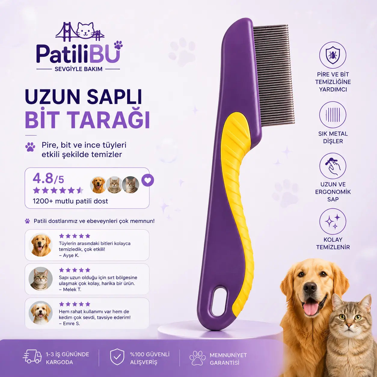 PatiliBU Uzun Saplı Bit Temizleme Tarağı