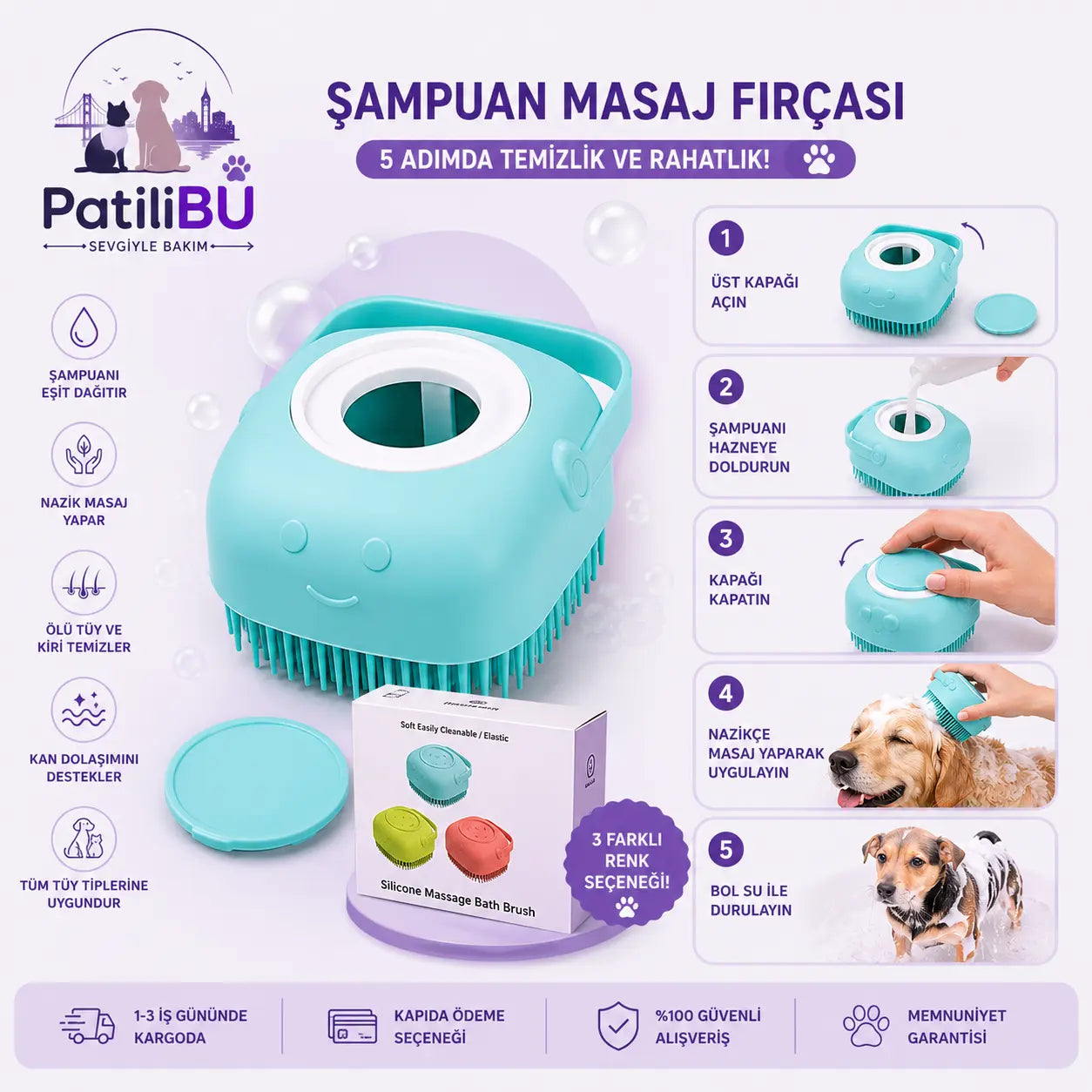 PatiliBU Şampuan Hazneli Kedi Köpek Yıkama Banyo Fırçası