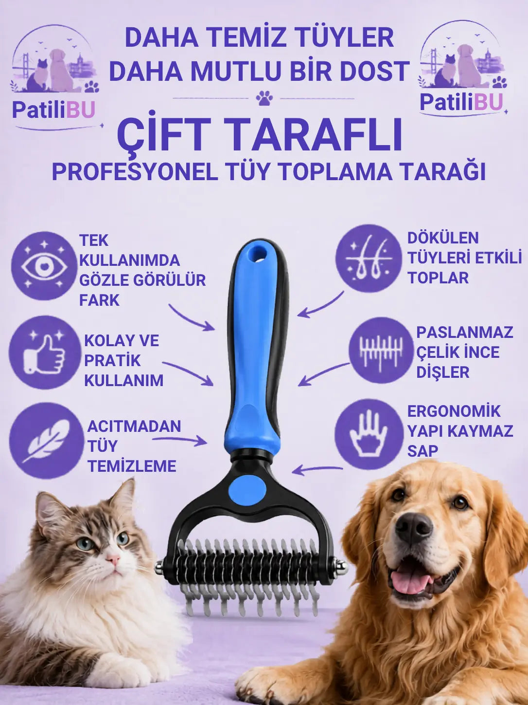 PatiliBU Çift Taraflı Tüy Toplama Tarağı✨